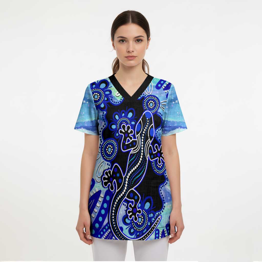 Australia Scrub Top Aussie Opal Pattern With Lizard Aboriginal Art - Turquoise - Aussie Hoodie