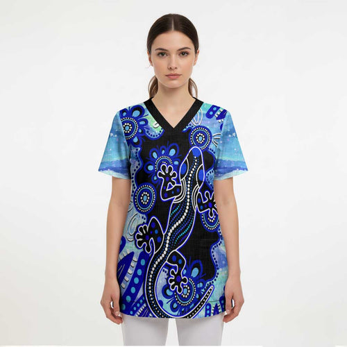 Australia Scrub Top Aussie Opal Pattern With Lizard Aboriginal Art - Turquoise - Aussie Hoodie