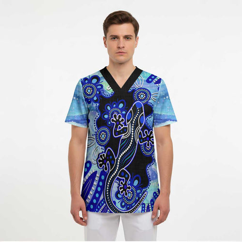 Australia Scrub Top Aussie Opal Pattern With Lizard Aboriginal Art - Turquoise - Aussie Hoodie