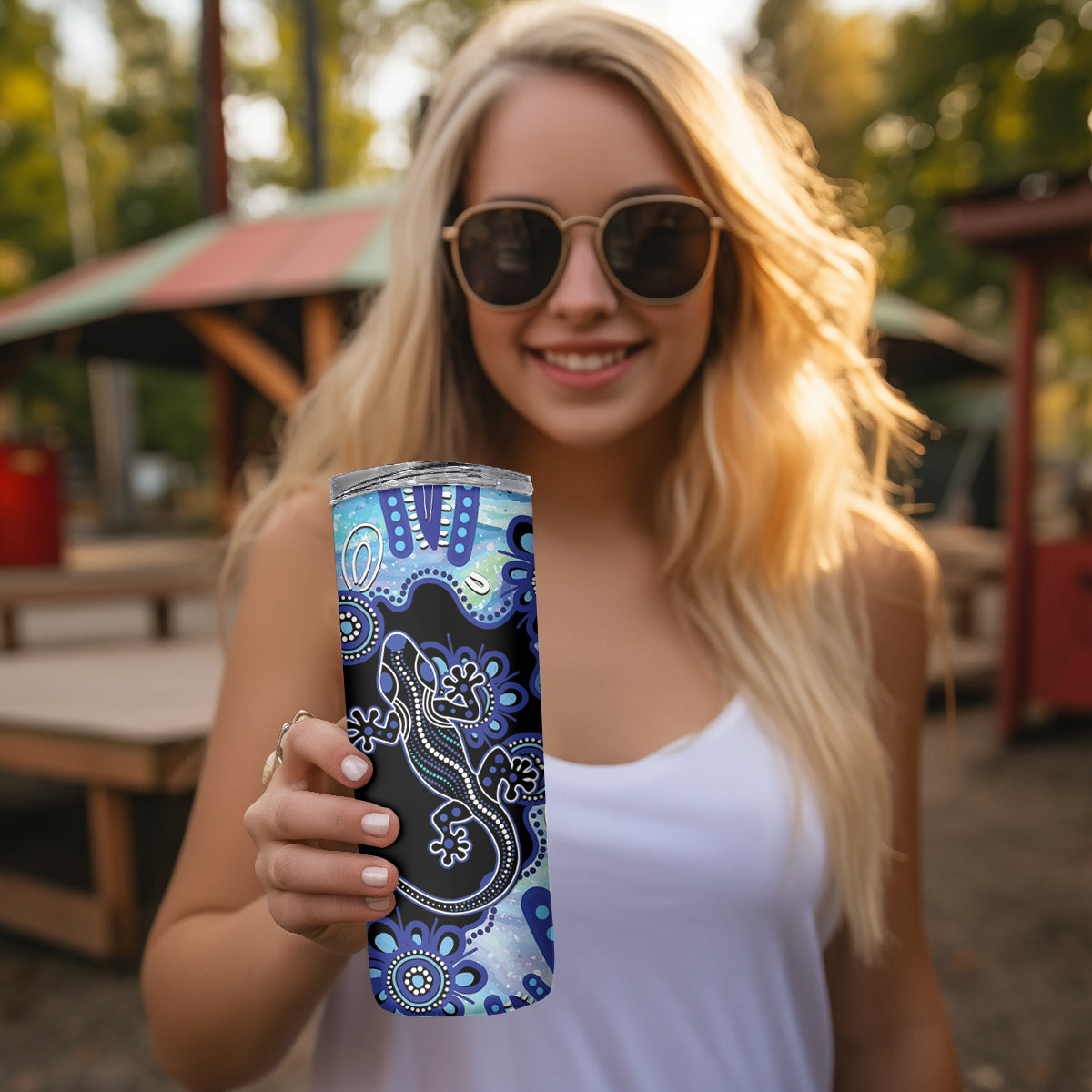 Australia Skinny Tumbler Aussie Opal Pattern With Lizard Aboriginal Art - Turquoise