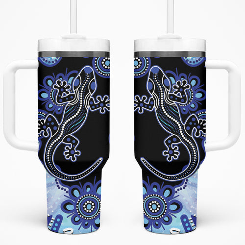 Australia Tumbler With Handle Aussie Opal Pattern With Lizard Aboriginal Art - Turquoise