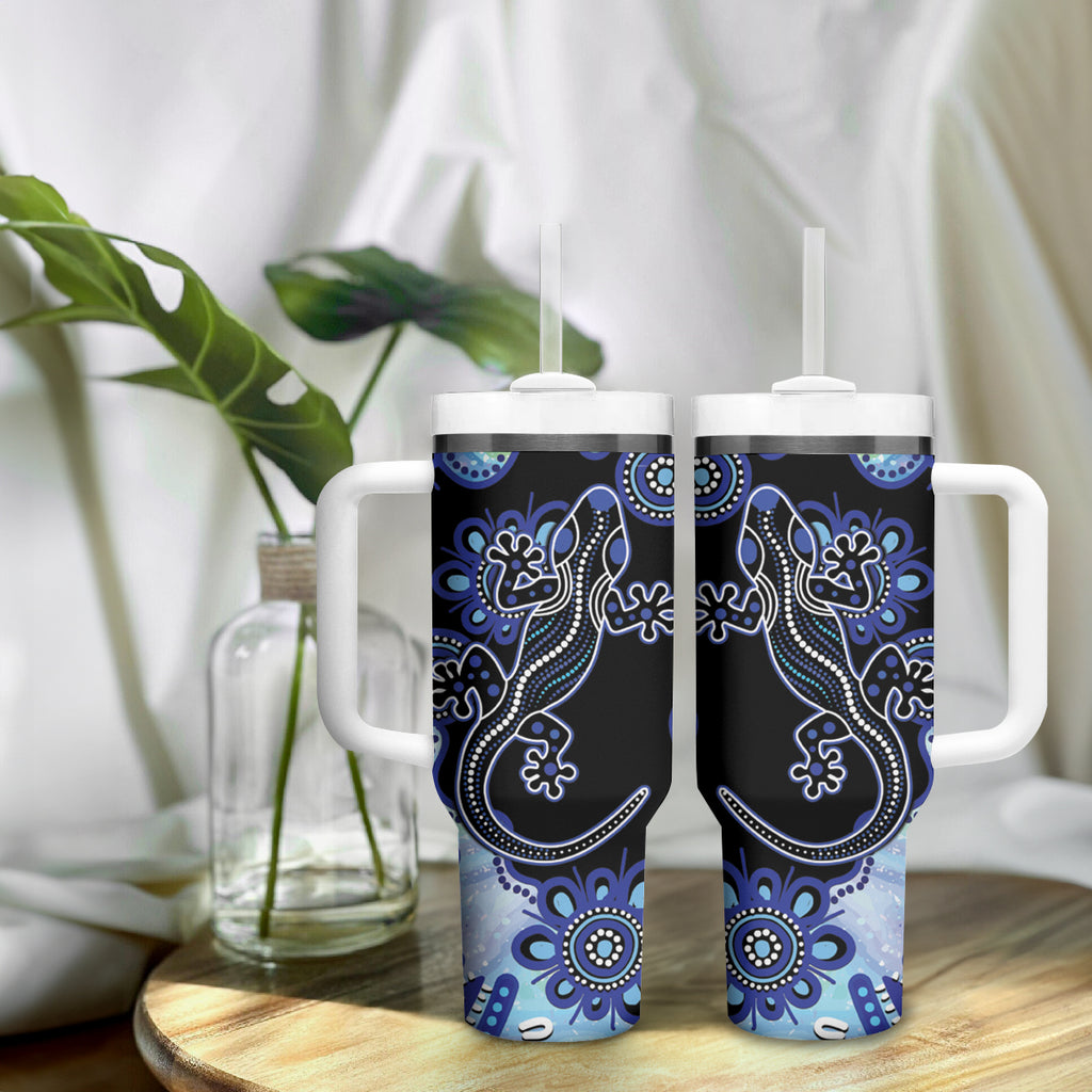 Australia Tumbler With Handle Aussie Opal Pattern With Lizard Aboriginal Art - Turquoise
