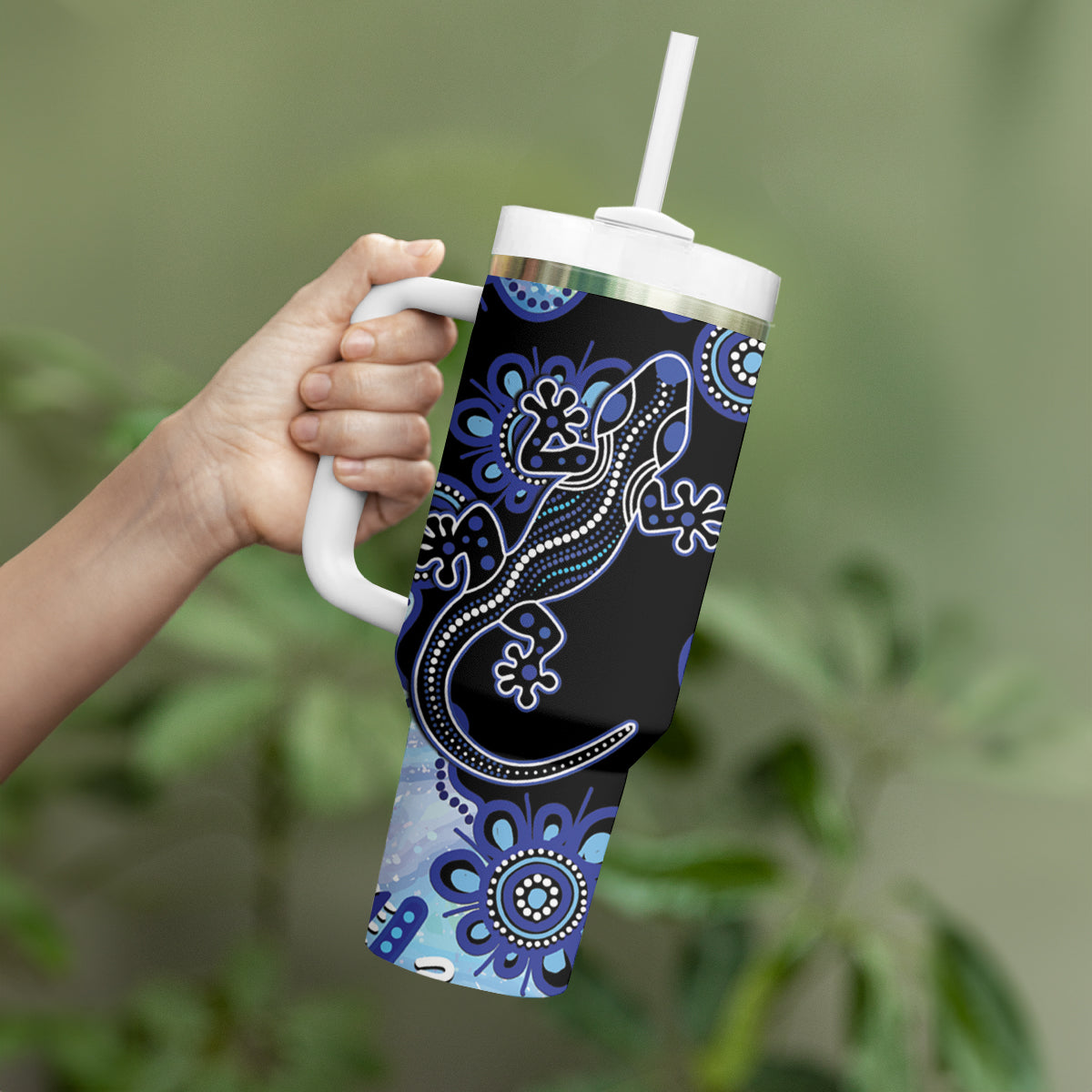 Australia Tumbler With Handle Aussie Opal Pattern With Lizard Aboriginal Art - Turquoise