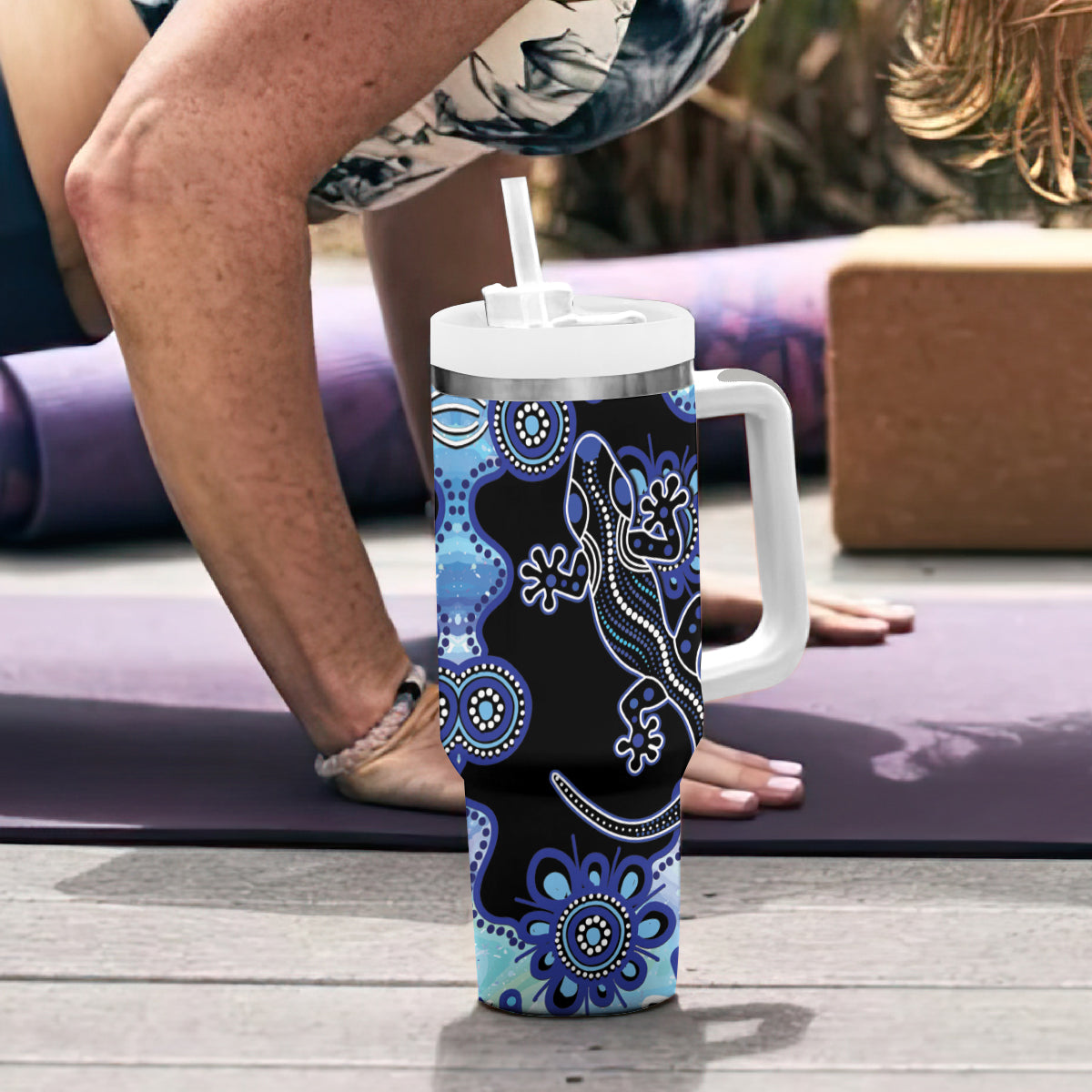 Australia Tumbler With Handle Aussie Opal Pattern With Lizard Aboriginal Art - Turquoise