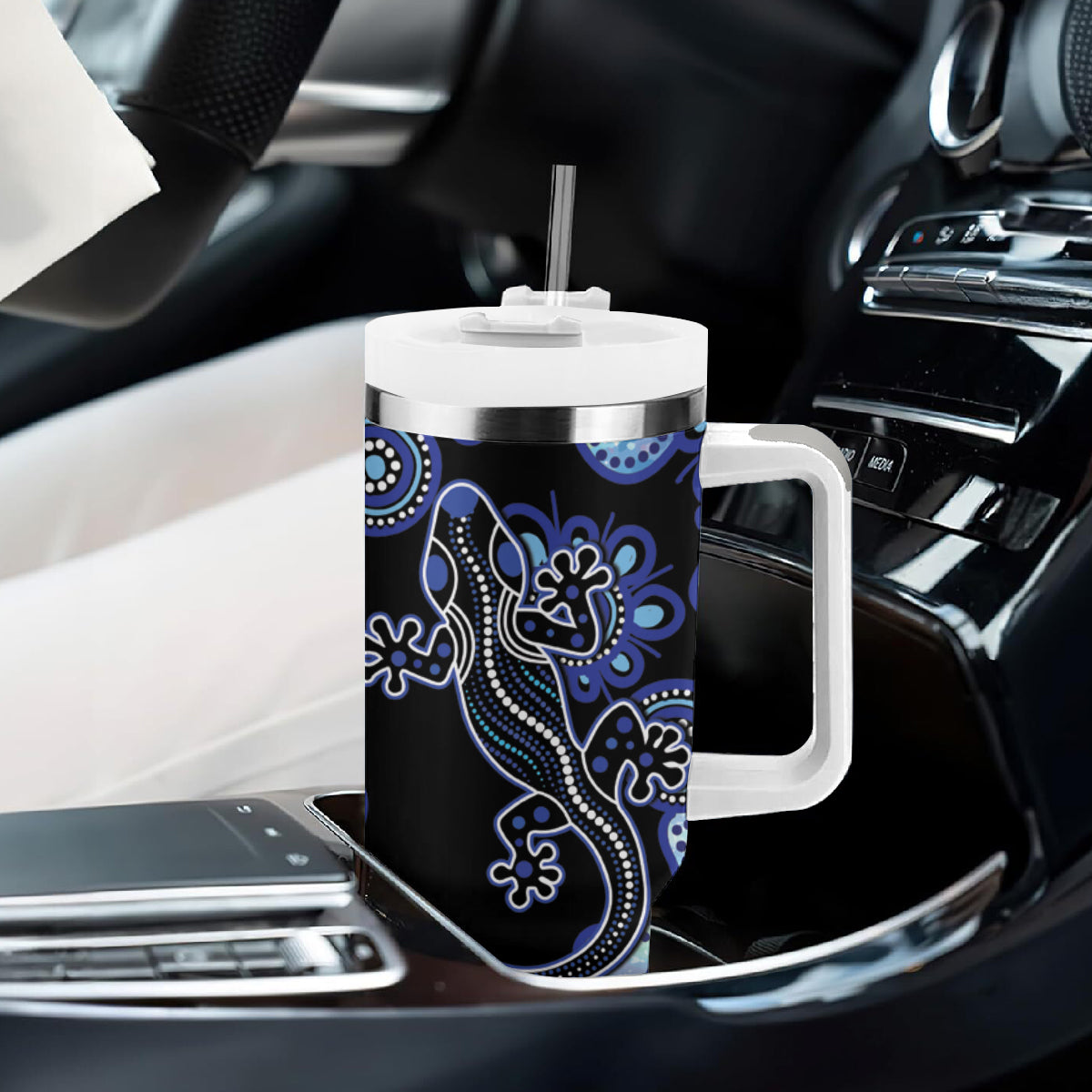 Australia Tumbler With Handle Aussie Opal Pattern With Lizard Aboriginal Art - Turquoise