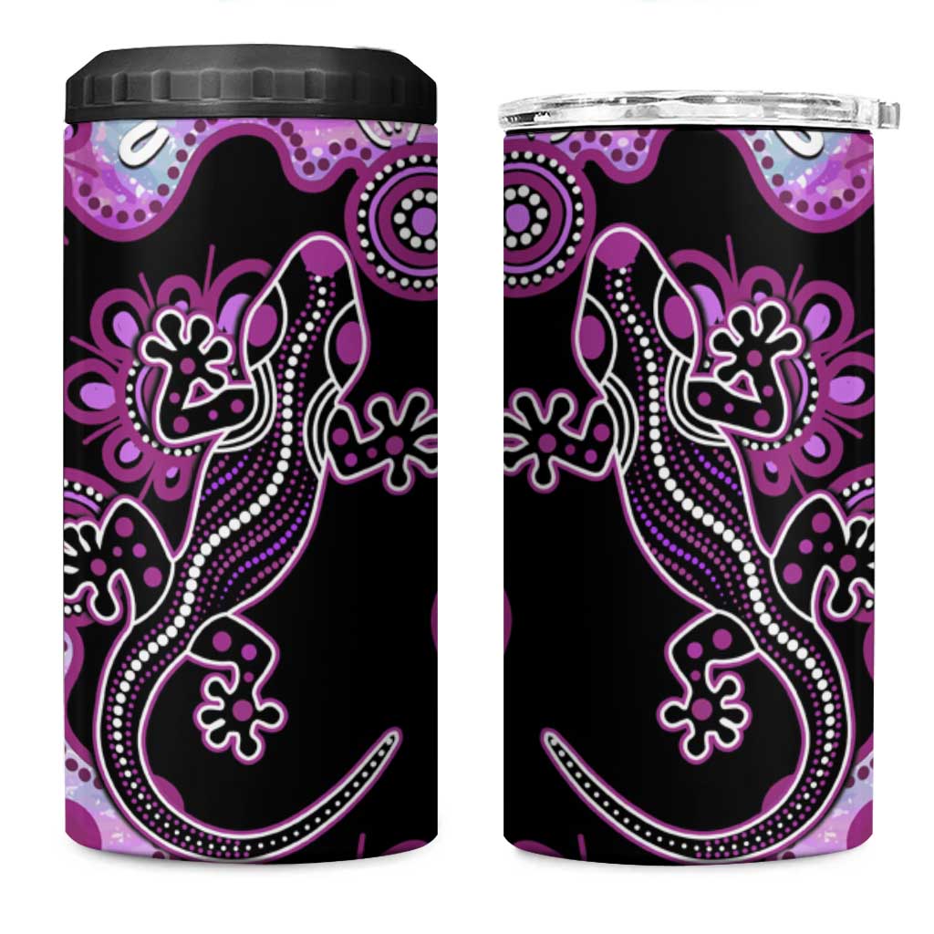 Australia 4 in 1 Can Cooler Tumbler Aussie Opal Pattern With Lizard Aboriginal Art - Pink
