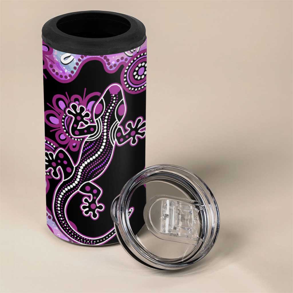 Australia 4 in 1 Can Cooler Tumbler Aussie Opal Pattern With Lizard Aboriginal Art - Pink