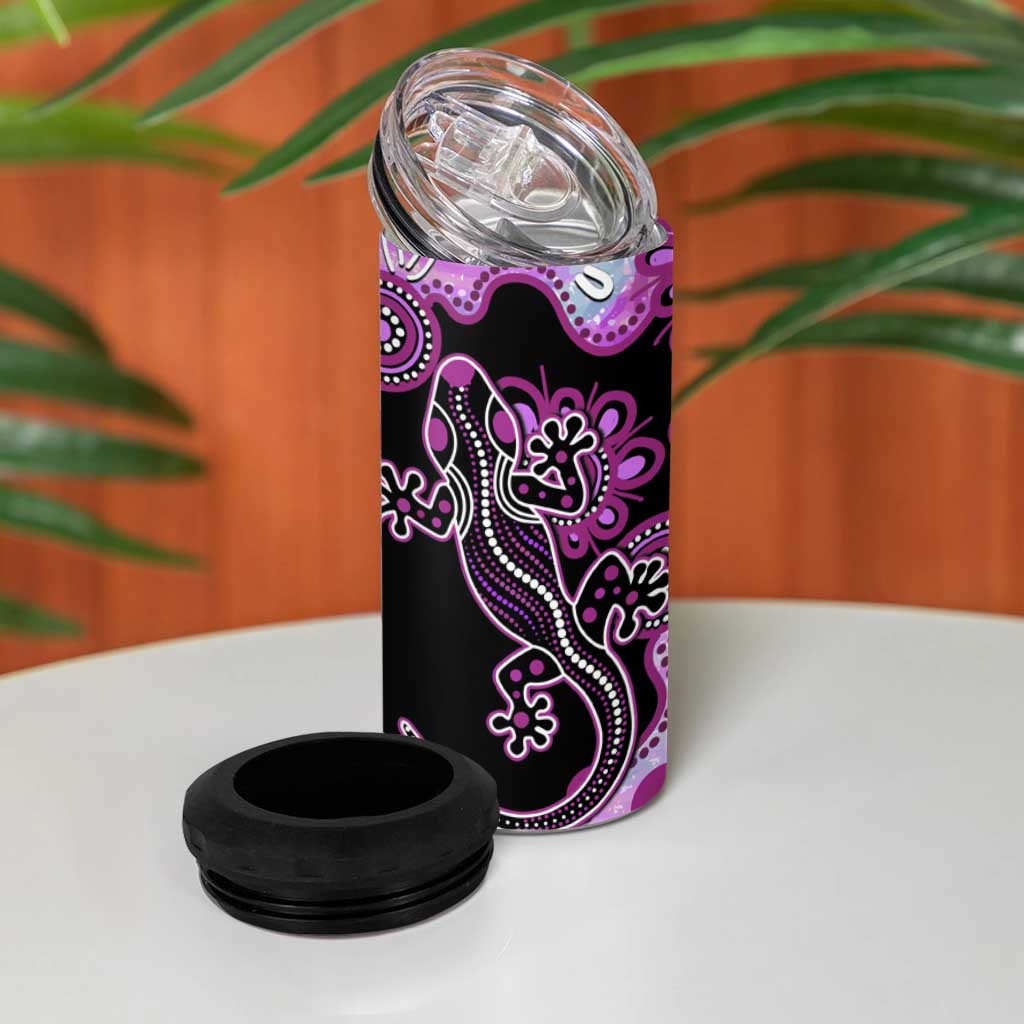 Australia 4 in 1 Can Cooler Tumbler Aussie Opal Pattern With Lizard Aboriginal Art - Pink
