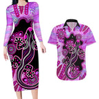 australia-couples-matching-long-sleeve-bodycon-dress-and-hawaiian-shirt-aussie-opal-pattern-with-lizard-aboriginal-art-pink