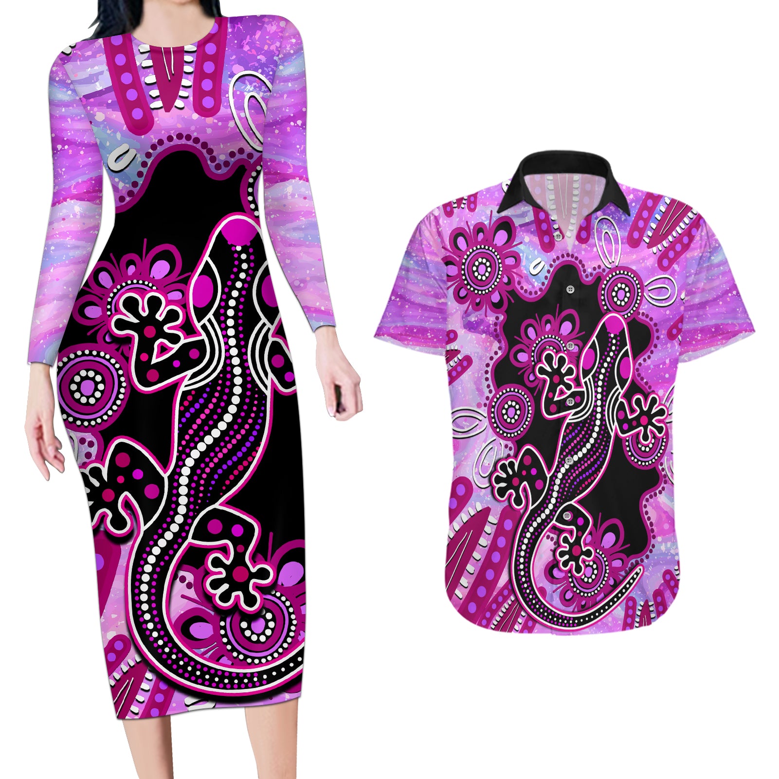 australia-couples-matching-long-sleeve-bodycon-dress-and-hawaiian-shirt-aussie-opal-pattern-with-lizard-aboriginal-art-pink
