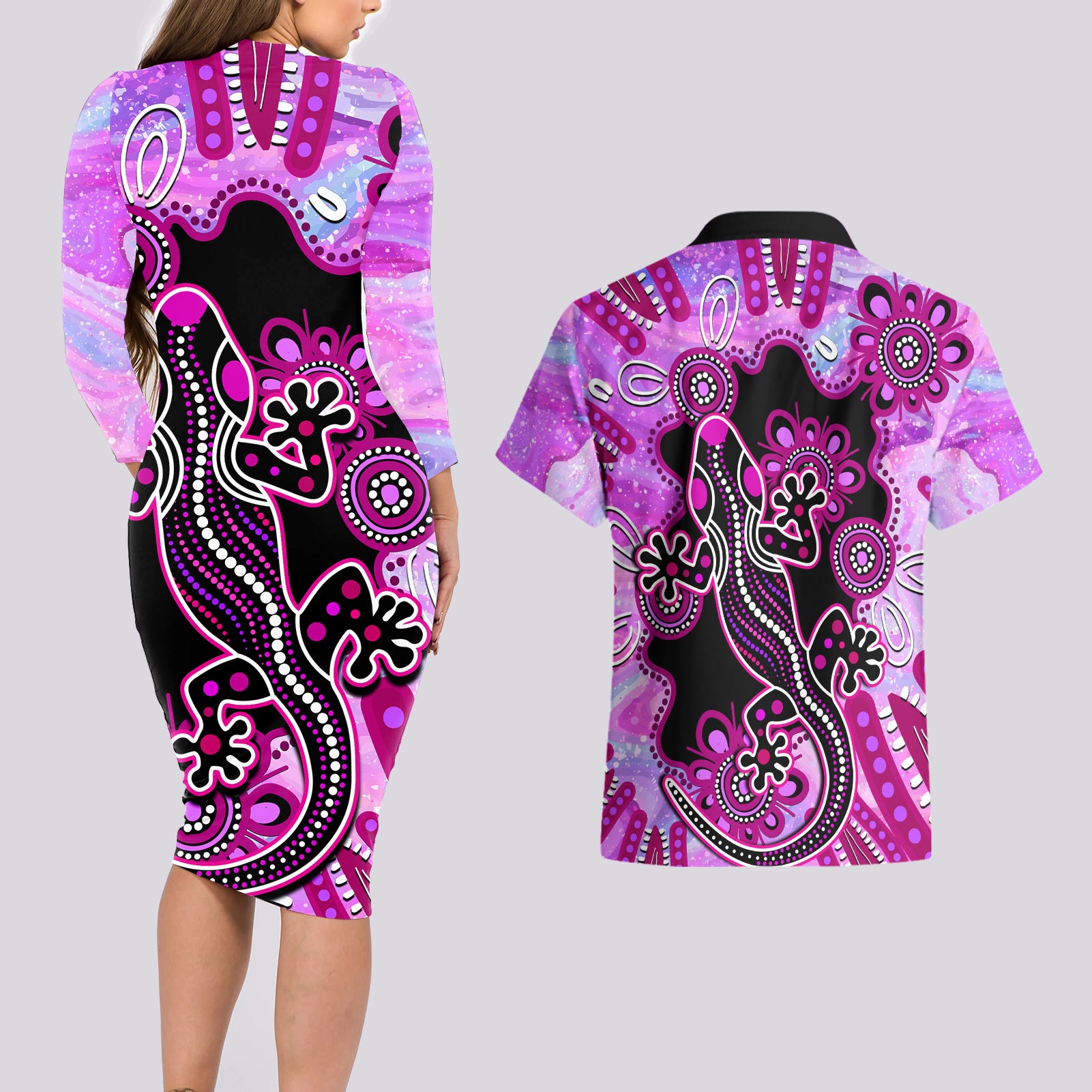 australia-couples-matching-long-sleeve-bodycon-dress-and-hawaiian-shirt-aussie-opal-pattern-with-lizard-aboriginal-art-pink