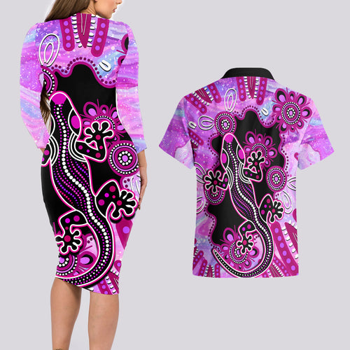 australia-couples-matching-long-sleeve-bodycon-dress-and-hawaiian-shirt-aussie-opal-pattern-with-lizard-aboriginal-art-pink