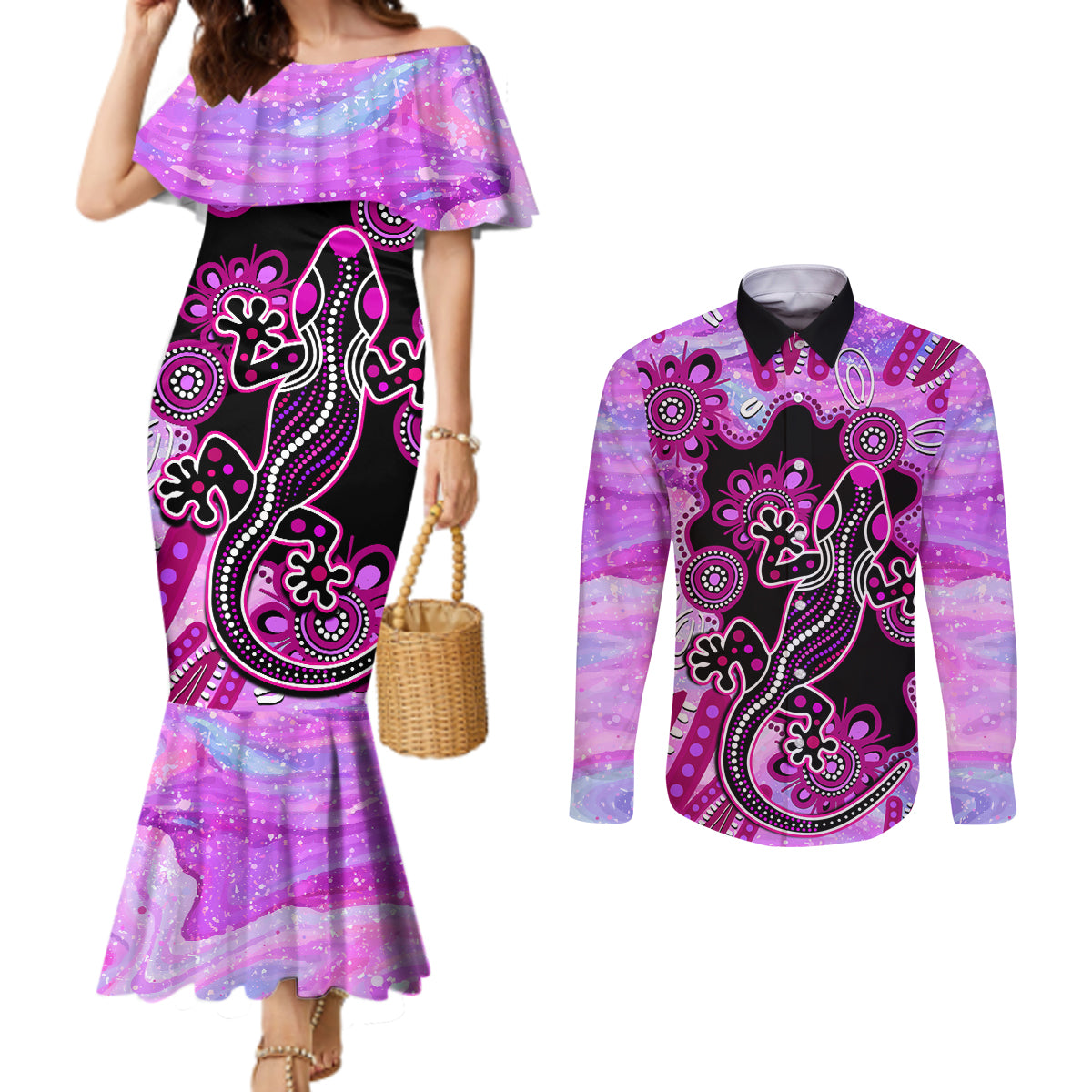 australia-couples-matching-mermaid-dress-and-long-sleeve-button-shirt-aussie-opal-pattern-with-lizard-aboriginal-art-pink