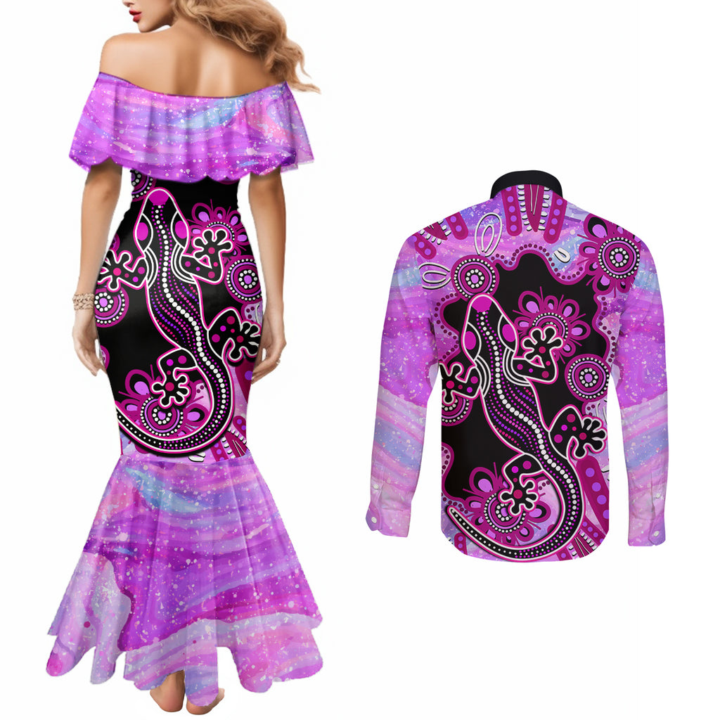 australia-couples-matching-mermaid-dress-and-long-sleeve-button-shirt-aussie-opal-pattern-with-lizard-aboriginal-art-pink