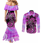 australia-couples-matching-mermaid-dress-and-long-sleeve-button-shirt-aussie-opal-pattern-with-lizard-aboriginal-art-pink