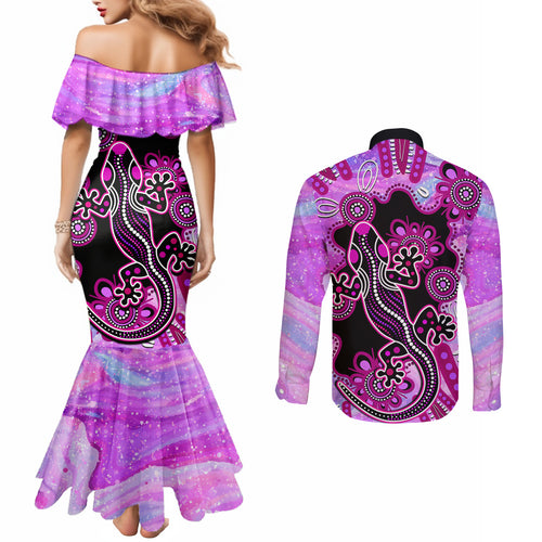 australia-couples-matching-mermaid-dress-and-long-sleeve-button-shirt-aussie-opal-pattern-with-lizard-aboriginal-art-pink