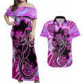 australia-couples-matching-off-shoulder-maxi-dress-and-hawaiian-shirt-aussie-opal-pattern-with-lizard-aboriginal-art-pink
