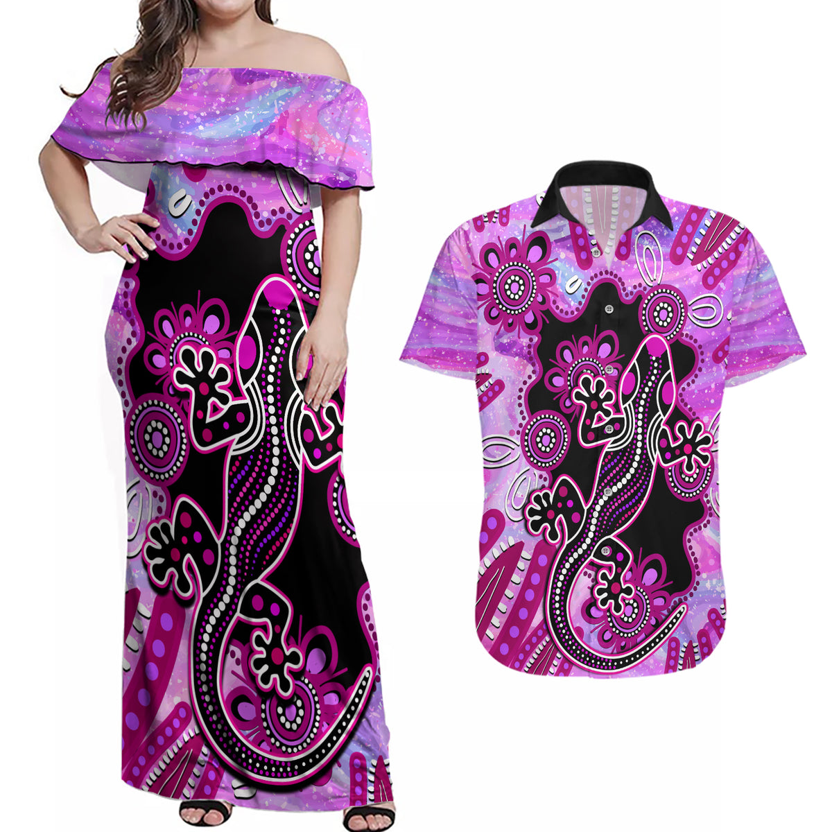 australia-couples-matching-off-shoulder-maxi-dress-and-hawaiian-shirt-aussie-opal-pattern-with-lizard-aboriginal-art-pink
