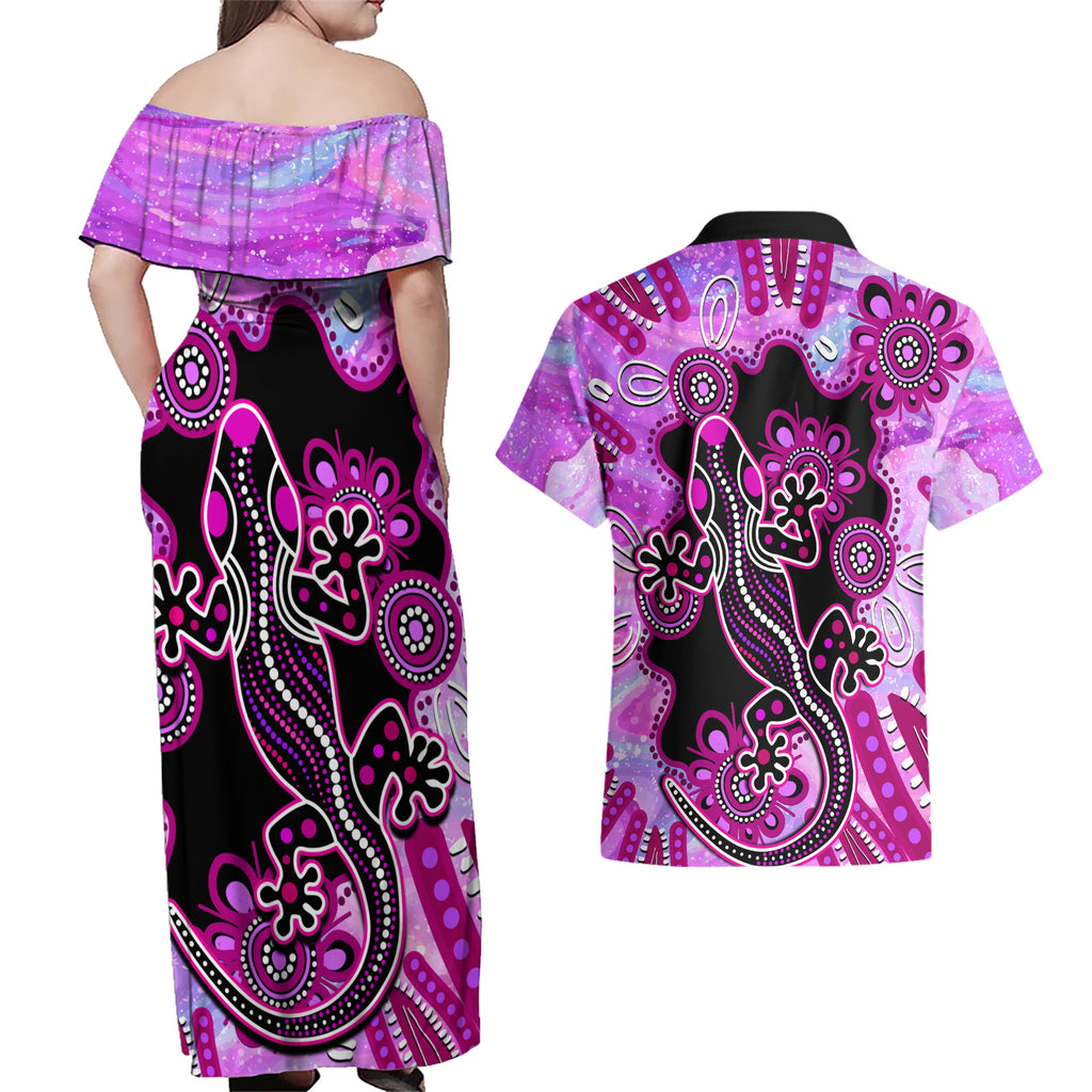 australia-couples-matching-off-shoulder-maxi-dress-and-hawaiian-shirt-aussie-opal-pattern-with-lizard-aboriginal-art-pink