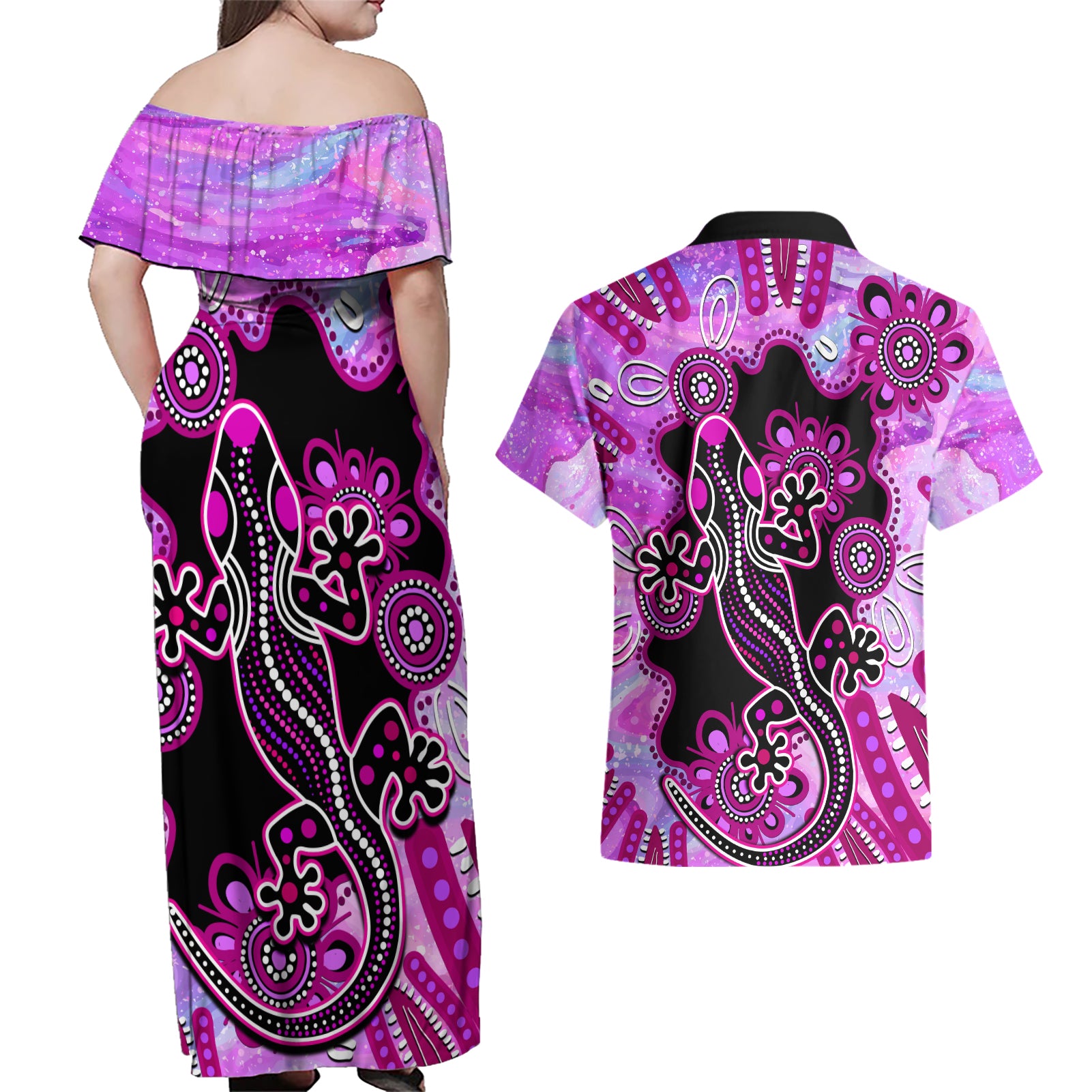 australia-couples-matching-off-shoulder-maxi-dress-and-hawaiian-shirt-aussie-opal-pattern-with-lizard-aboriginal-art-pink