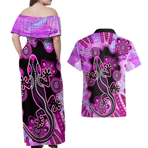 australia-couples-matching-off-shoulder-maxi-dress-and-hawaiian-shirt-aussie-opal-pattern-with-lizard-aboriginal-art-pink