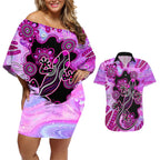 australia-couples-matching-off-shoulder-short-dress-and-hawaiian-shirt-aussie-opal-pattern-with-lizard-aboriginal-art-pink