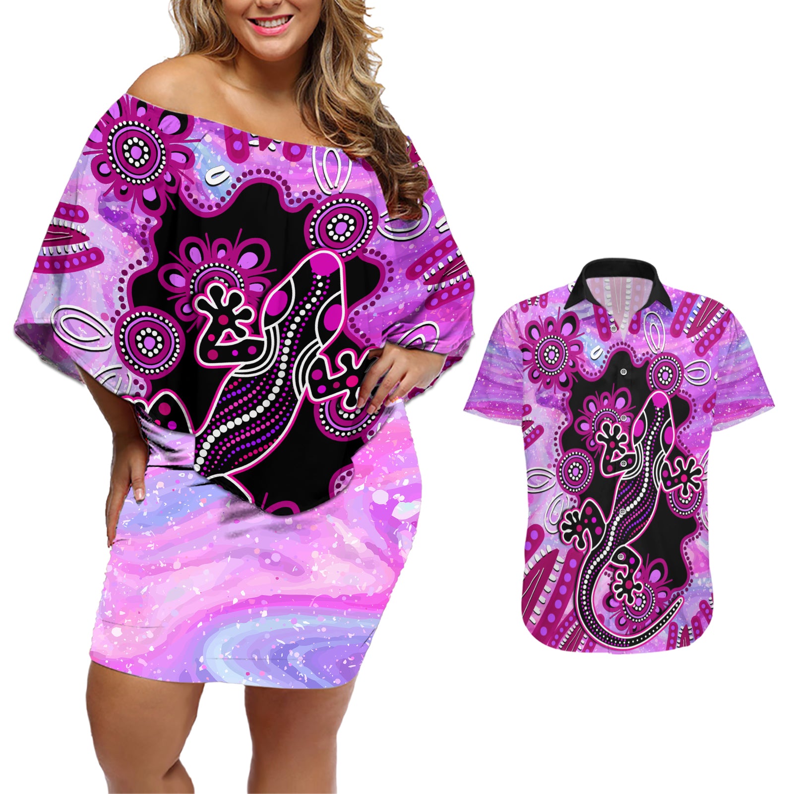 australia-couples-matching-off-shoulder-short-dress-and-hawaiian-shirt-aussie-opal-pattern-with-lizard-aboriginal-art-pink