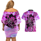 australia-couples-matching-off-shoulder-short-dress-and-hawaiian-shirt-aussie-opal-pattern-with-lizard-aboriginal-art-pink