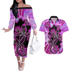 australia-couples-matching-off-the-shoulder-long-sleeve-dress-and-hawaiian-shirt-aussie-opal-pattern-with-lizard-aboriginal-art-pink