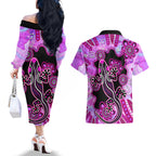 australia-couples-matching-off-the-shoulder-long-sleeve-dress-and-hawaiian-shirt-aussie-opal-pattern-with-lizard-aboriginal-art-pink