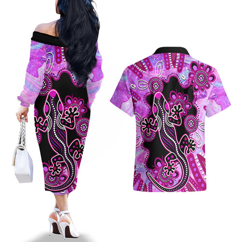 australia-couples-matching-off-the-shoulder-long-sleeve-dress-and-hawaiian-shirt-aussie-opal-pattern-with-lizard-aboriginal-art-pink