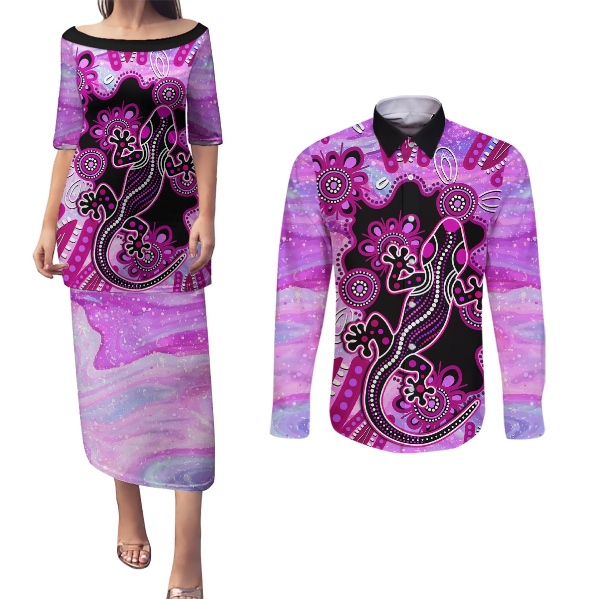 australia-couples-matching-puletasi-dress-and-long-sleeve-button-shirt-aussie-opal-pattern-with-lizard-aboriginal-art-pink