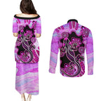 australia-couples-matching-puletasi-dress-and-long-sleeve-button-shirt-aussie-opal-pattern-with-lizard-aboriginal-art-pink