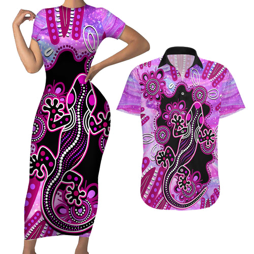 australia-couples-matching-short-sleeve-bodycon-dress-and-hawaiian-shirt-aussie-opal-pattern-with-lizard-aboriginal-art-pink