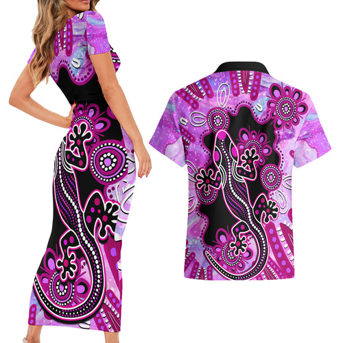 australia-couples-matching-short-sleeve-bodycon-dress-and-hawaiian-shirt-aussie-opal-pattern-with-lizard-aboriginal-art-pink