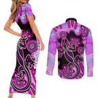 australia-couples-matching-short-sleeve-bodycon-dress-and-long-sleeve-button-shirt-aussie-opal-pattern-with-lizard-aboriginal-art-pink