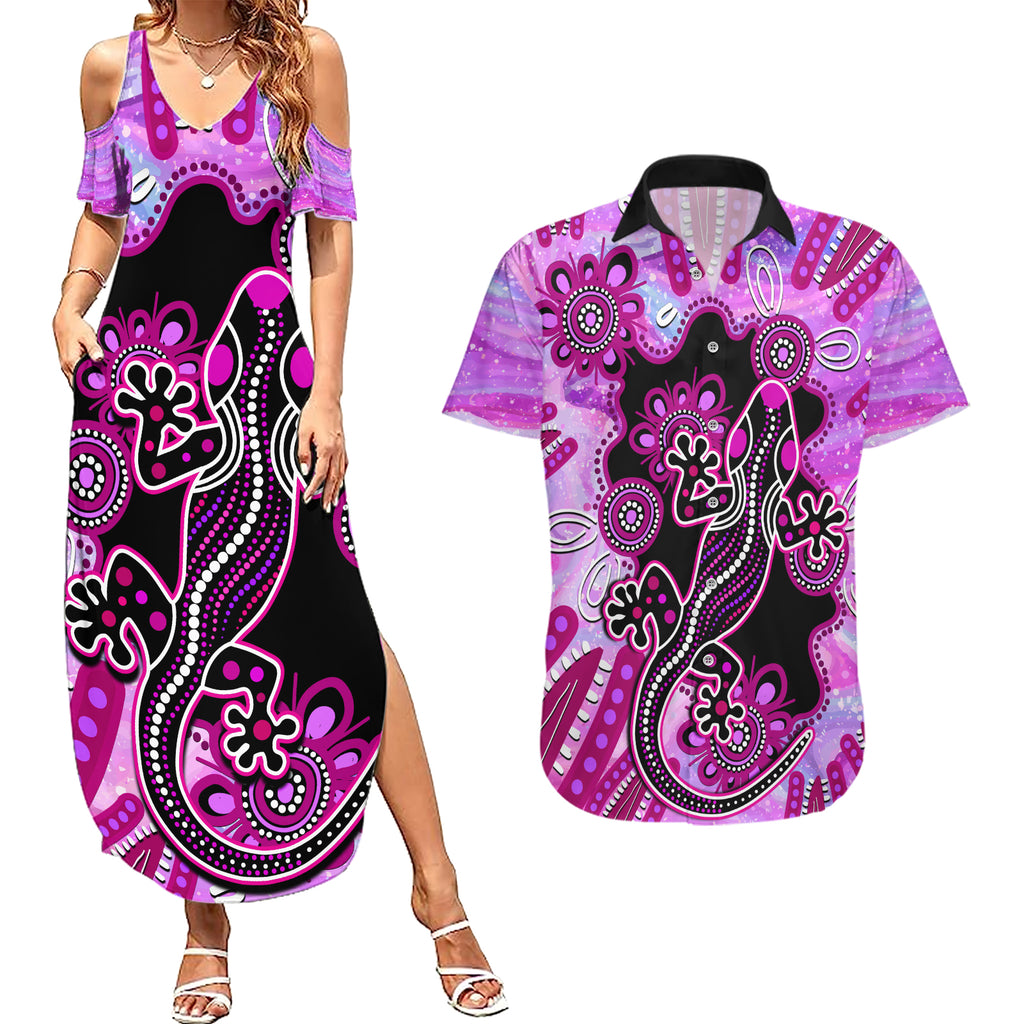australia-couples-matching-summer-maxi-dress-and-hawaiian-shirt-aussie-opal-pattern-with-lizard-aboriginal-art-pink