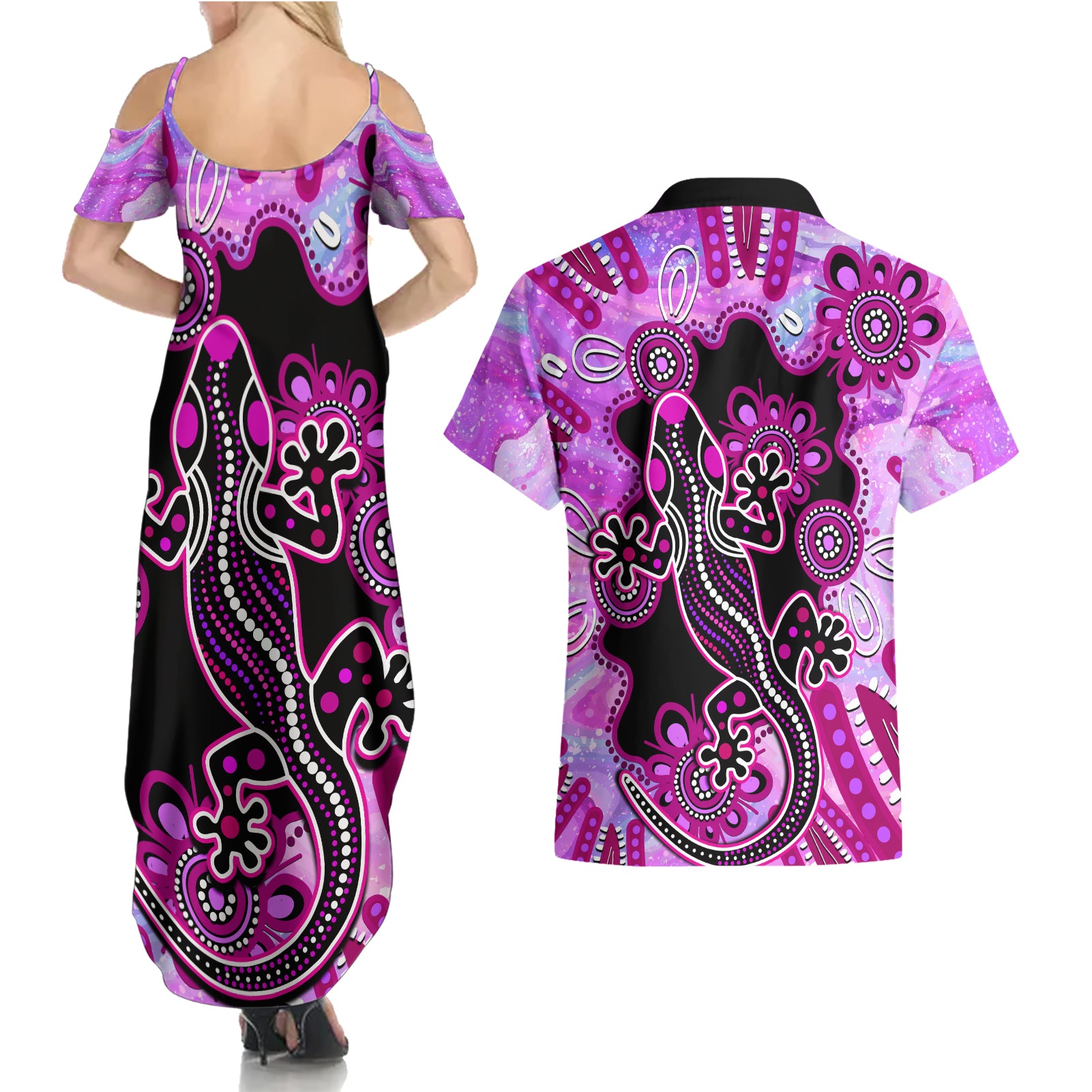 australia-couples-matching-summer-maxi-dress-and-hawaiian-shirt-aussie-opal-pattern-with-lizard-aboriginal-art-pink