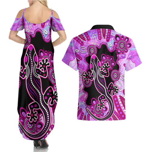 australia-couples-matching-summer-maxi-dress-and-hawaiian-shirt-aussie-opal-pattern-with-lizard-aboriginal-art-pink