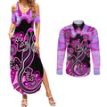 australia-couples-matching-summer-maxi-dress-and-long-sleeve-button-shirt-aussie-opal-pattern-with-lizard-aboriginal-art-pink