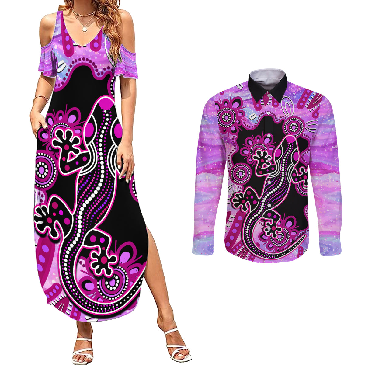 australia-couples-matching-summer-maxi-dress-and-long-sleeve-button-shirt-aussie-opal-pattern-with-lizard-aboriginal-art-pink