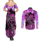 australia-couples-matching-summer-maxi-dress-and-long-sleeve-button-shirt-aussie-opal-pattern-with-lizard-aboriginal-art-pink
