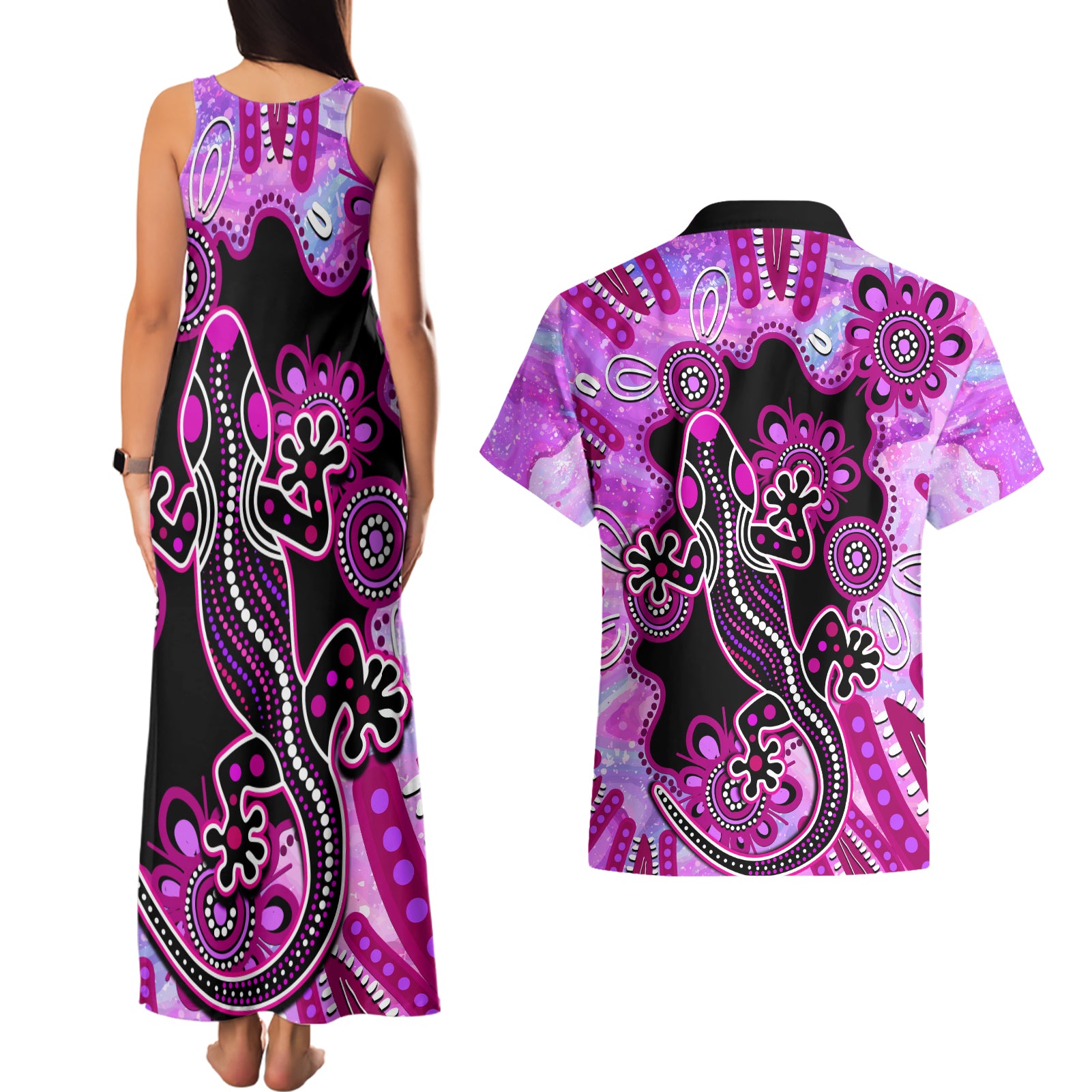 australia-couples-matching-tank-maxi-dress-and-hawaiian-shirt-aussie-opal-pattern-with-lizard-aboriginal-art-pink