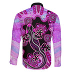australia-family-matching-off-shoulder-long-sleeve-dress-and-hawaiian-shirt-aussie-opal-pattern-with-lizard-aboriginal-art-pink
