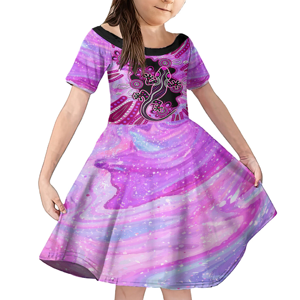 australia-kid-short-sleeve-dress-aussie-opal-pattern-with-lizard-aboriginal-art-pink