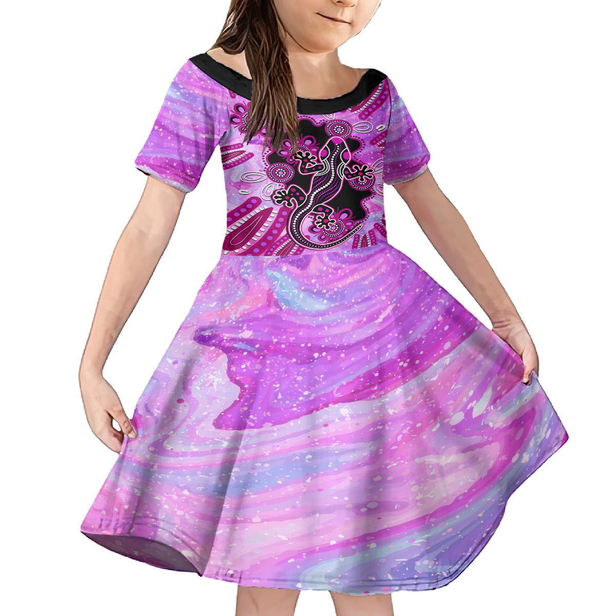 australia-kid-short-sleeve-dress-aussie-opal-pattern-with-lizard-aboriginal-art-pink