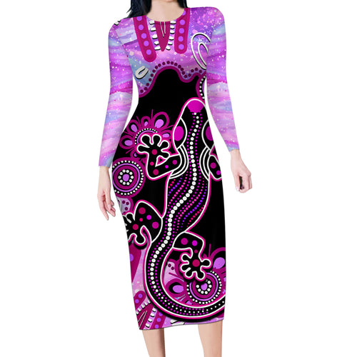 australia-long-sleeve-bodycon-dress-aussie-opal-pattern-with-lizard-aboriginal-art-pink
