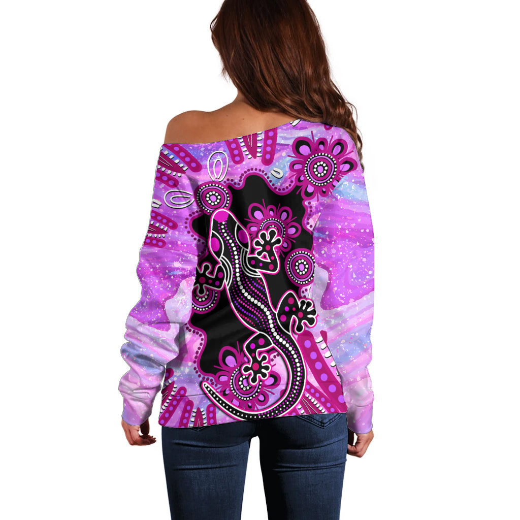 australia-off-shoulder-sweater-aussie-opal-pattern-with-lizard-aboriginal-art-pink