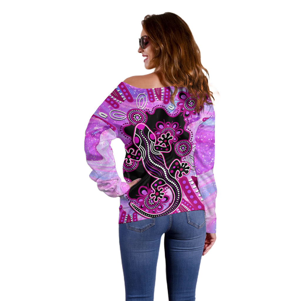 australia-off-shoulder-sweater-aussie-opal-pattern-with-lizard-aboriginal-art-pink