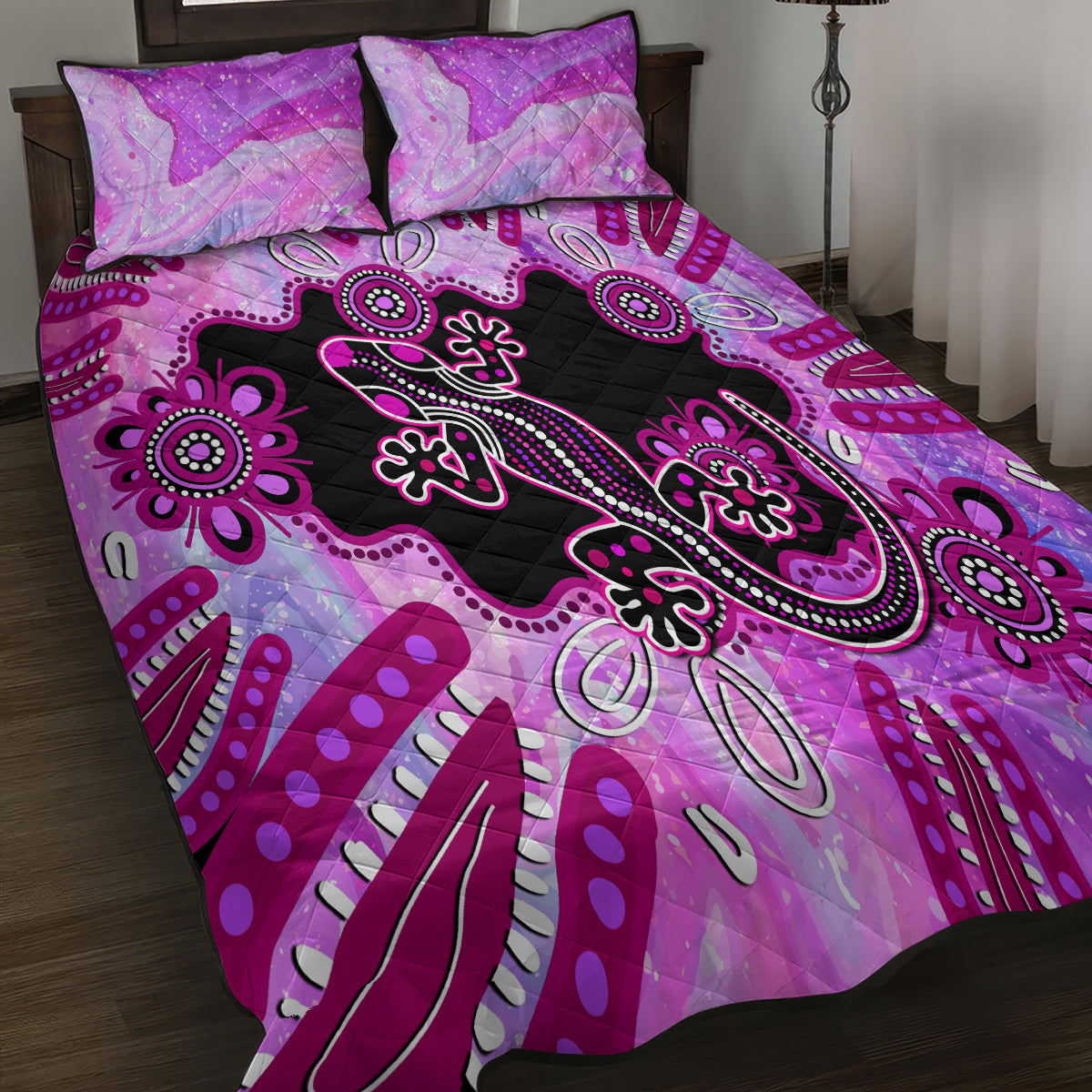 australia-quilt-bed-set-aussie-opal-pattern-with-lizard-aboriginal-art-pink